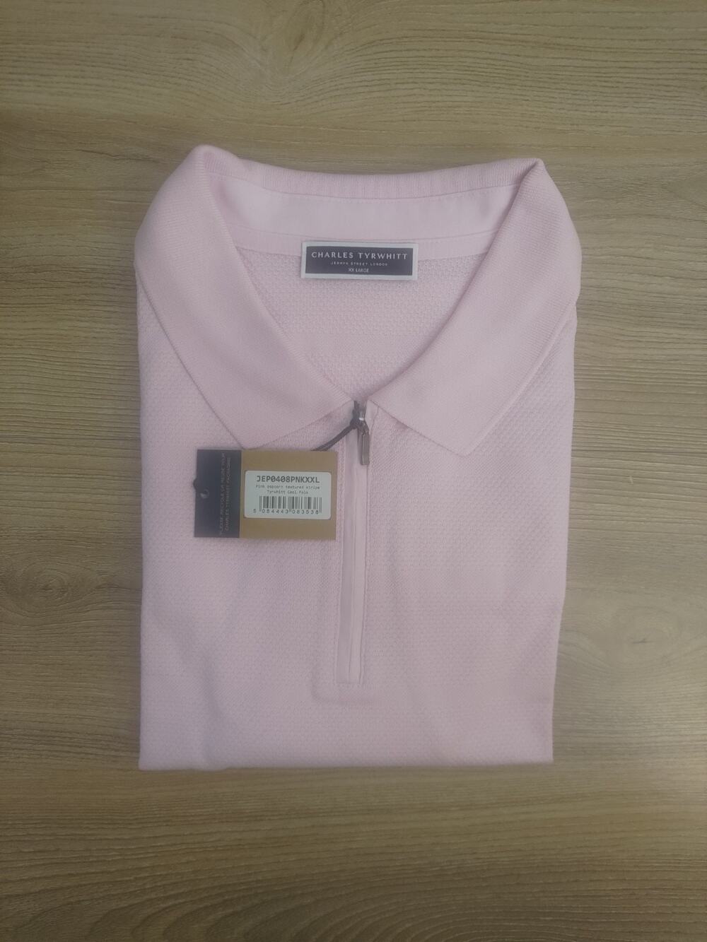 Zip Neck Men's Polo Shirt XXL 2XL Charles Tyrwhitt Popcorn Textured Stripe Pink